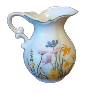 Floral Pitcher White with flowers Vintage green trim
